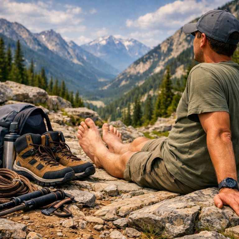 Senderista descansando y aireando los pies en una ruta de montaña